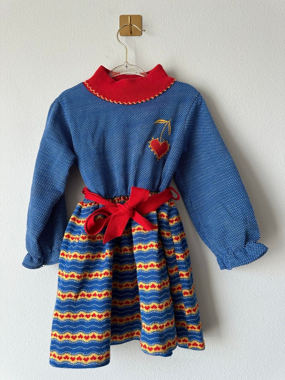 Vintage 70s Health-Tex Girls Dress Size 4T Red Blue Heart Fair Isle Storybook